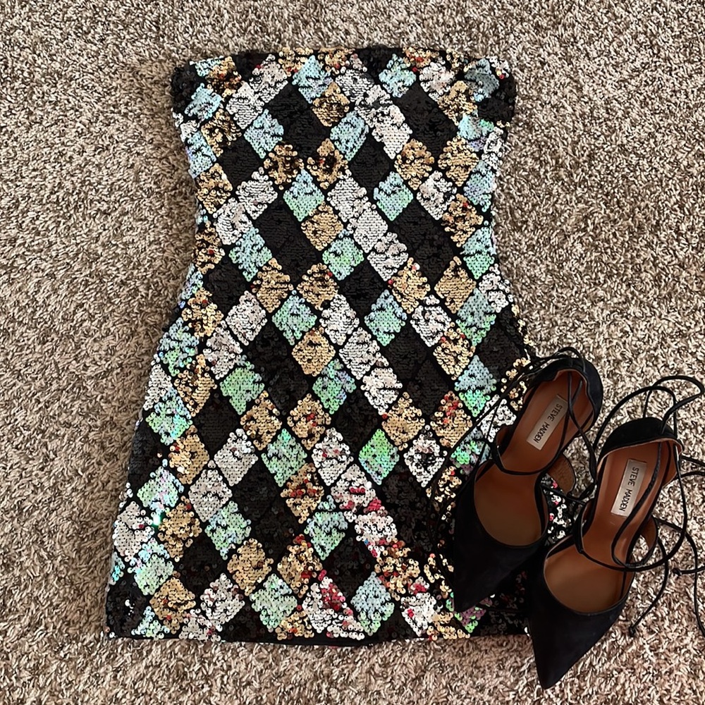 12th Tribe Black Sequin Harlequin Mini Dress with Mint, Gold, White Accents